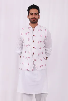 White and Pink Floral Hand Block Nehru Jacket