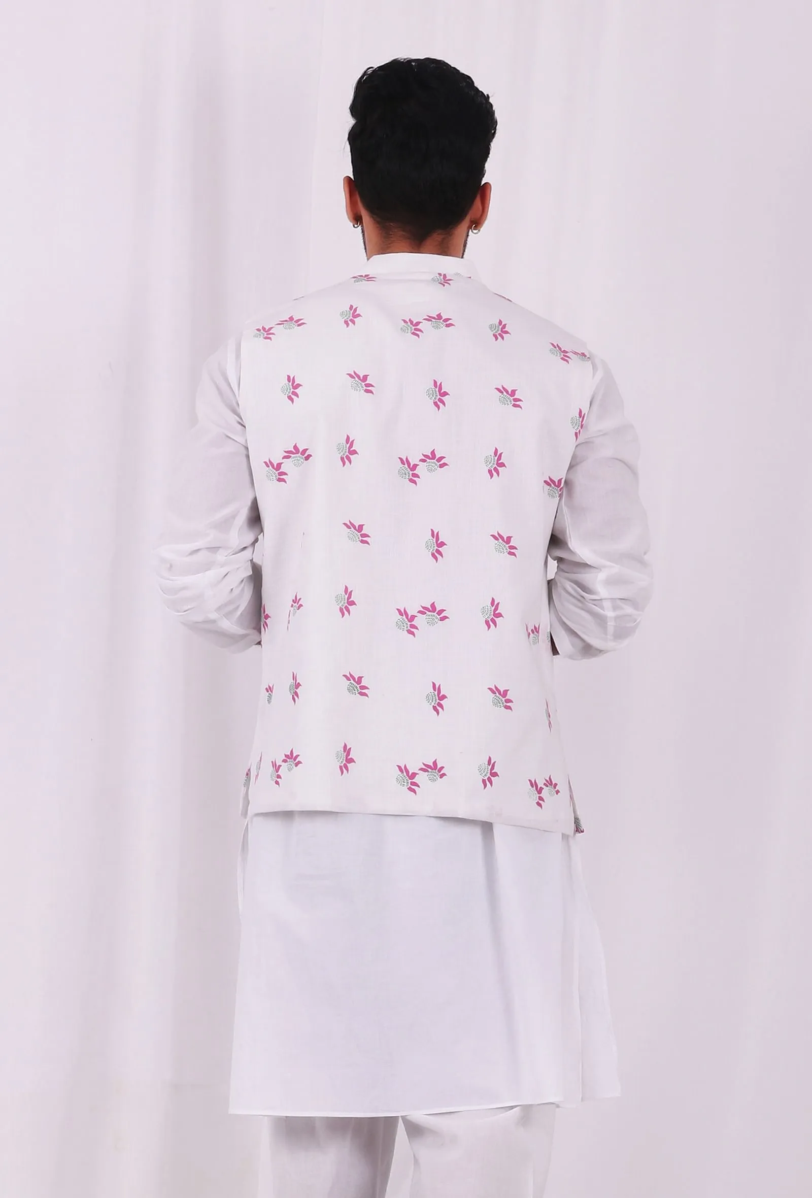 White and Pink Floral Hand Block Nehru Jacket