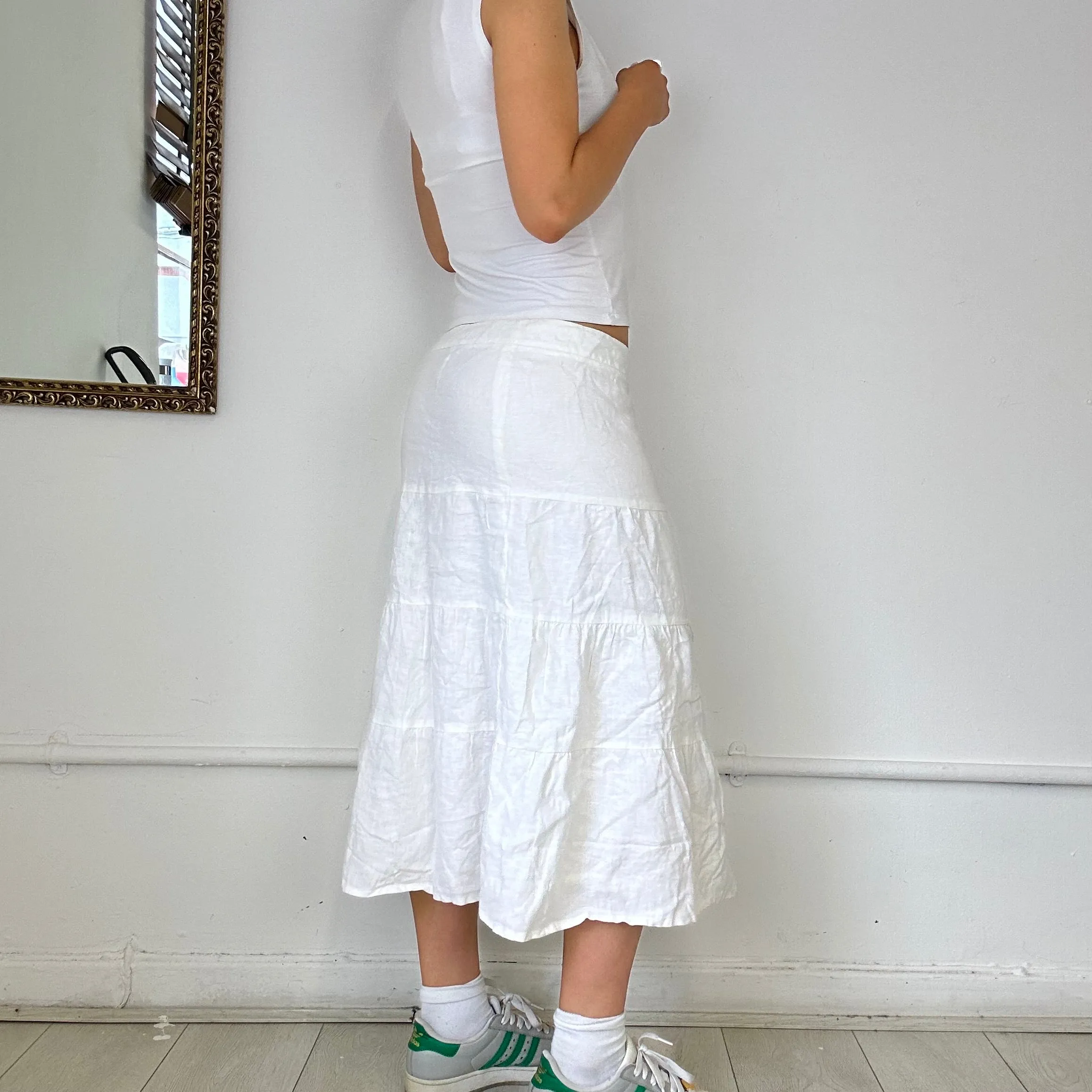 white tiered midi skirt