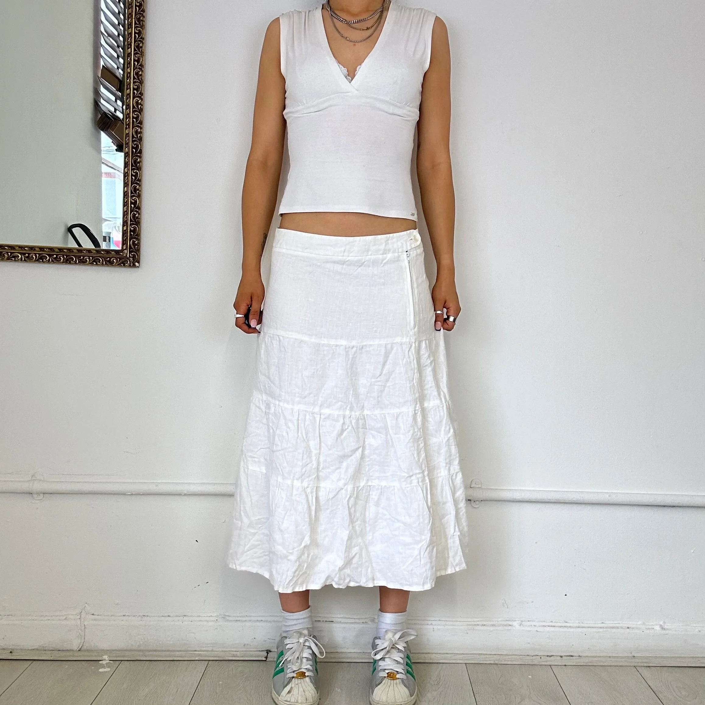 white tiered midi skirt