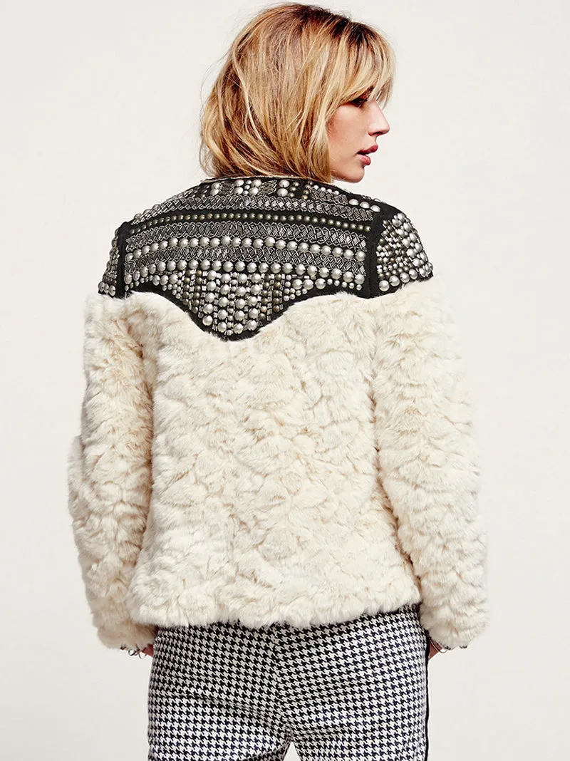 Winter Faux Fur Coat creamy-white hand-made beading rivet Jacket