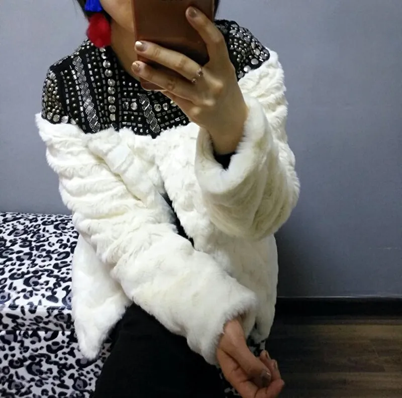 Winter Faux Fur Coat creamy-white hand-made beading rivet Jacket