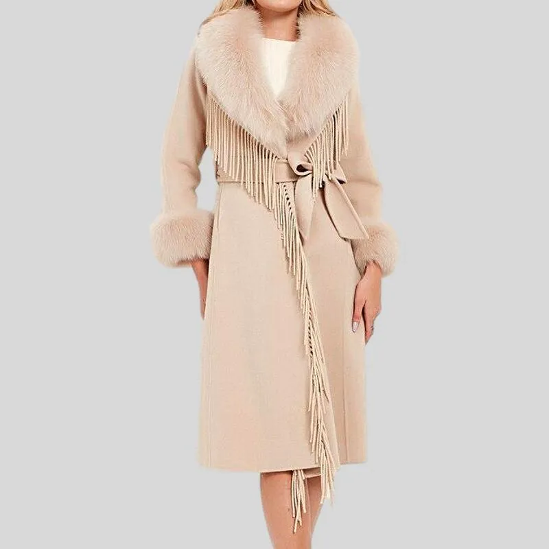 Wool Blends Fox Fur Collar Long Coat