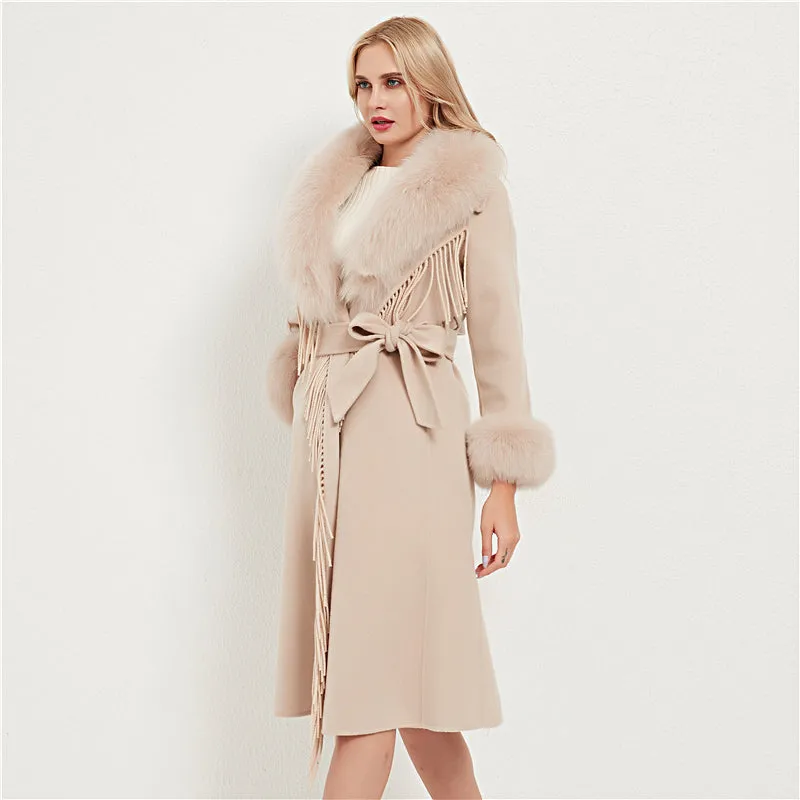 Wool Blends Fox Fur Collar Long Coat