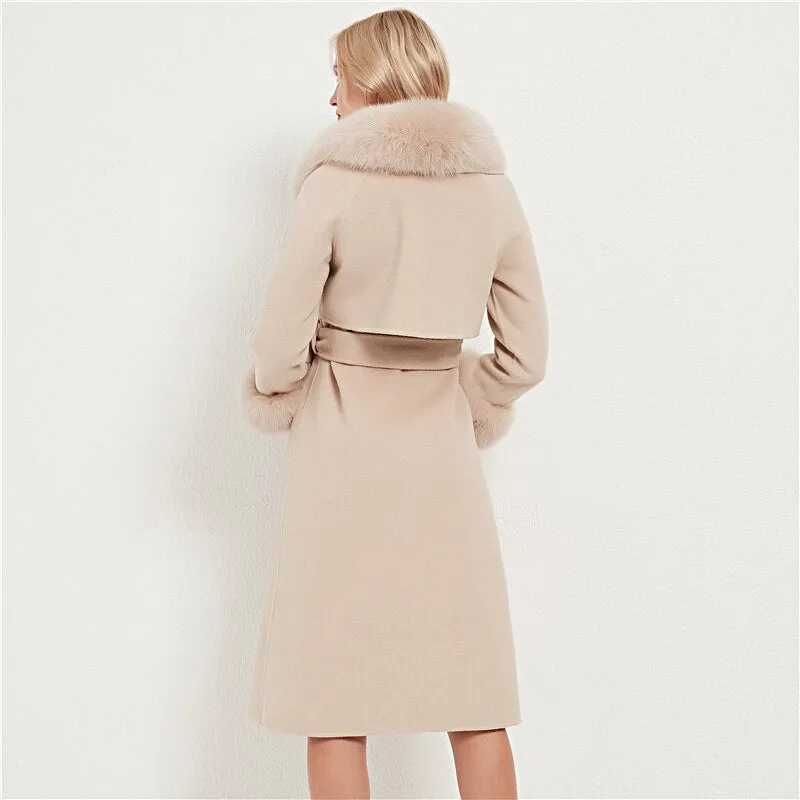 Wool Blends Fox Fur Collar Long Coat