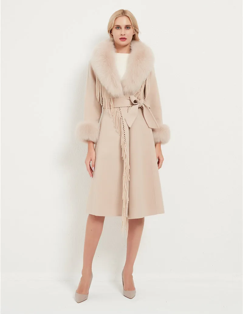 Wool Blends Fox Fur Collar Long Coat