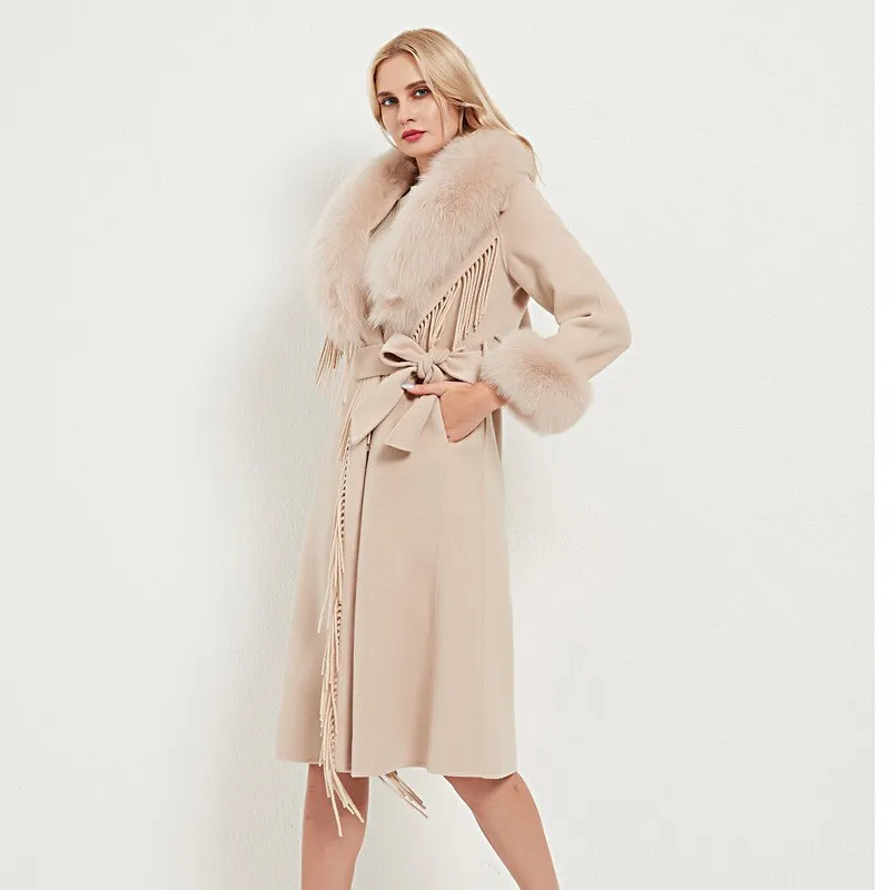 Wool Blends Fox Fur Collar Long Coat