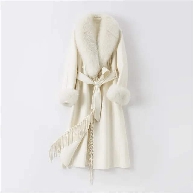 Wool Blends Fox Fur Collar Long Coat