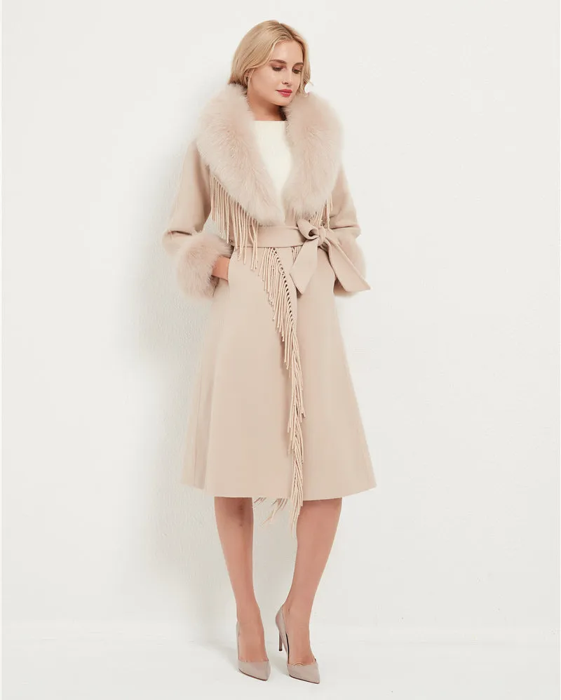 Wool Blends Fox Fur Collar Long Coat