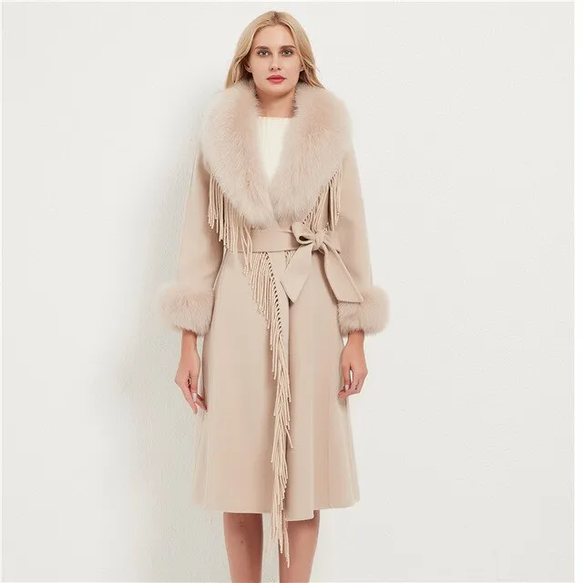 Wool Blends Fox Fur Collar Long Coat