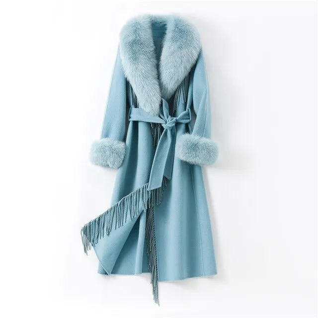 Wool Blends Fox Fur Collar Long Coat