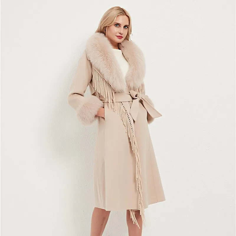 Wool Blends Fox Fur Collar Long Coat