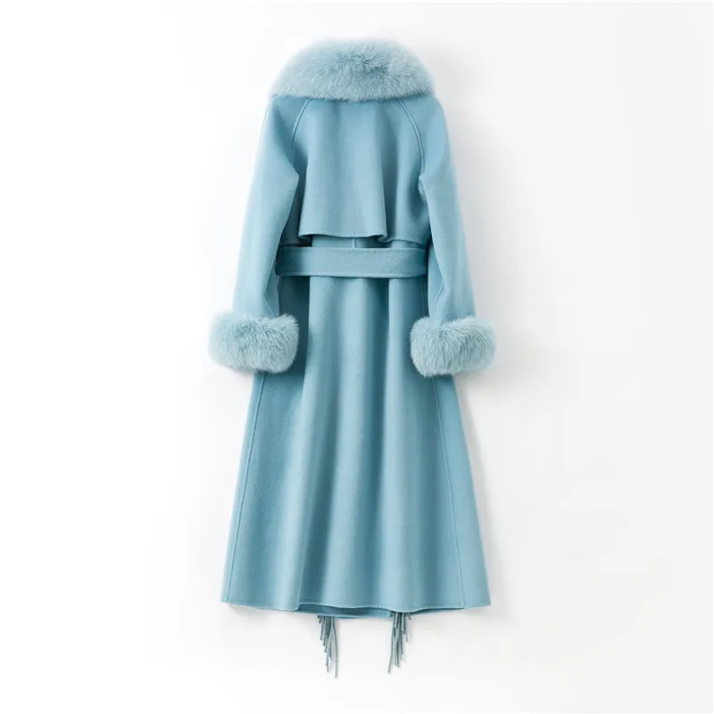 Wool Blends Fox Fur Collar Long Coat