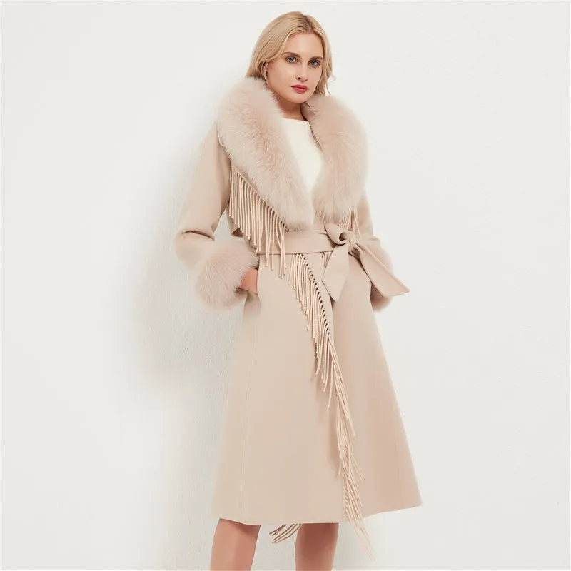 Wool Blends Fox Fur Collar Long Coat