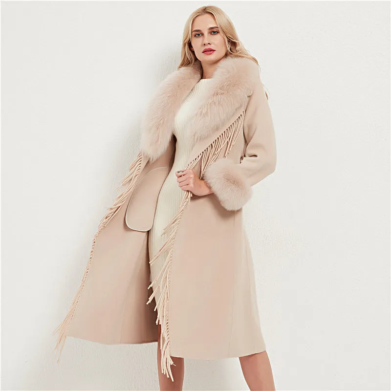 Wool Blends Fox Fur Collar Long Coat