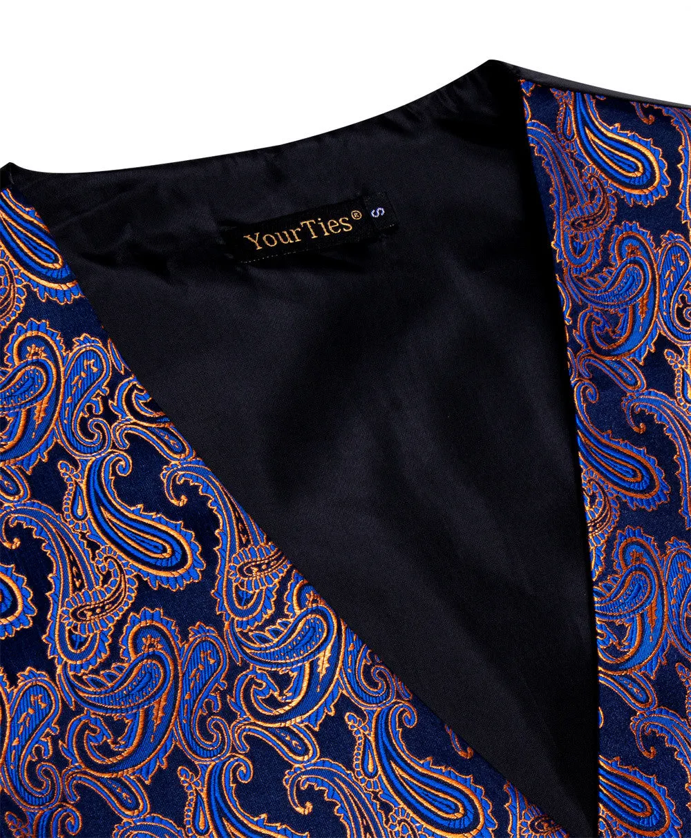 YourTies Black Blue Paisley Pattern Waistcoat Vest Necktie Set for Men