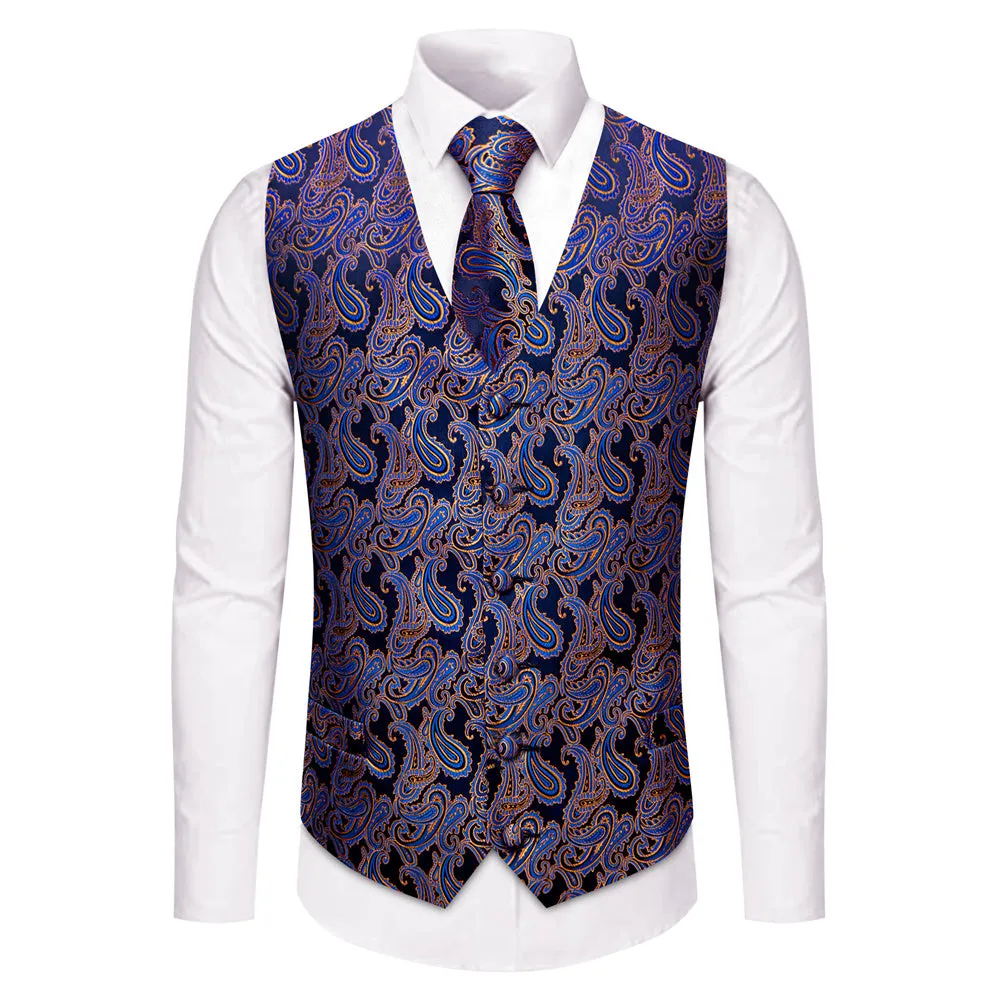 YourTies Black Blue Paisley Pattern Waistcoat Vest Necktie Set for Men