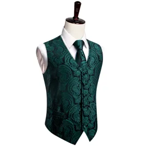 YourTies  Black Green Paisley Wedding Waistcoat Silk V-Neck Vest Necktie Set