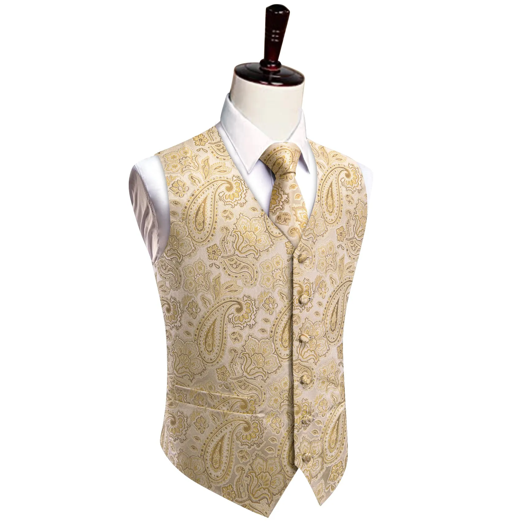 YourTies Champagne V-Neck Waistcoat Beige Men Paisley Vest Necktie Set