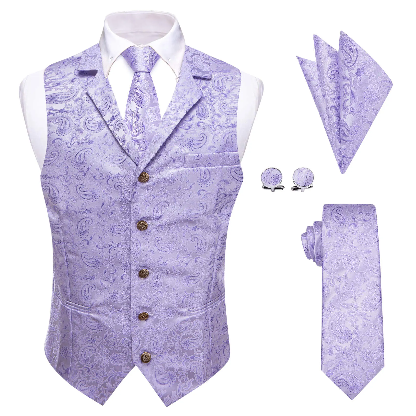 YourTies Light Purple Paisley Silk Men Suit Vest Necktie Hanky Cufflinks Set