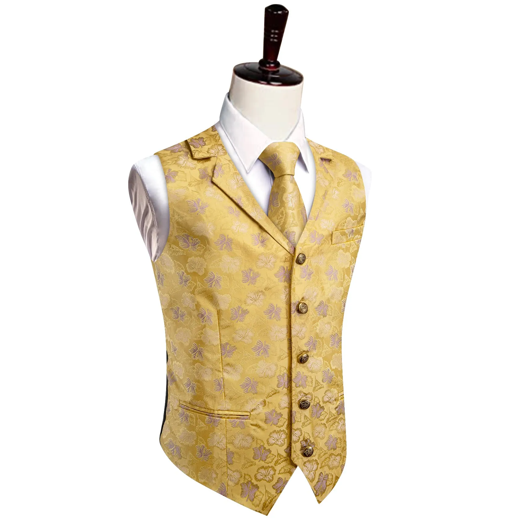 YourTies Yellow Waistcoat Thistle Purple Jacquard Floral Vest Tie Set