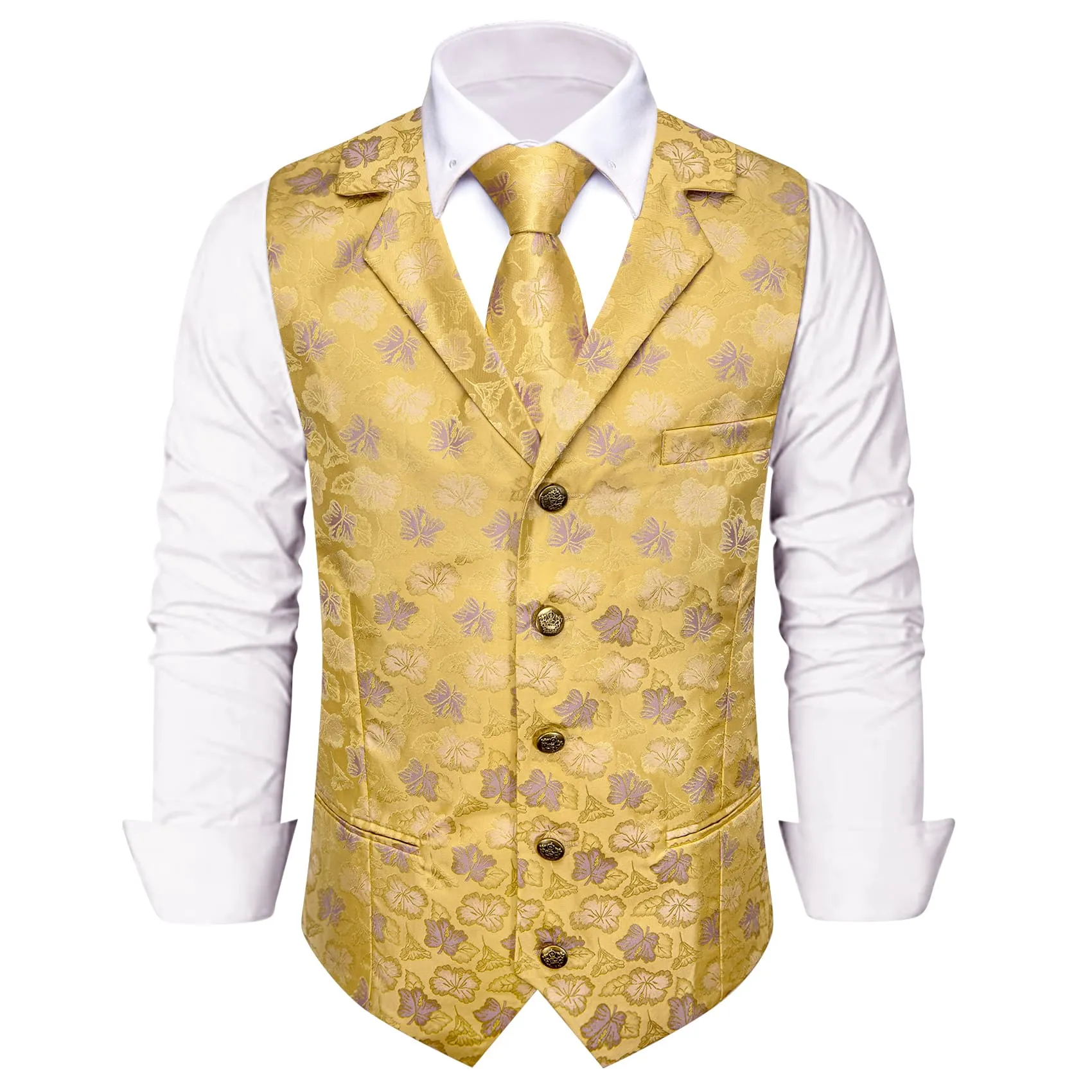 YourTies Yellow Waistcoat Thistle Purple Jacquard Floral Vest Tie Set