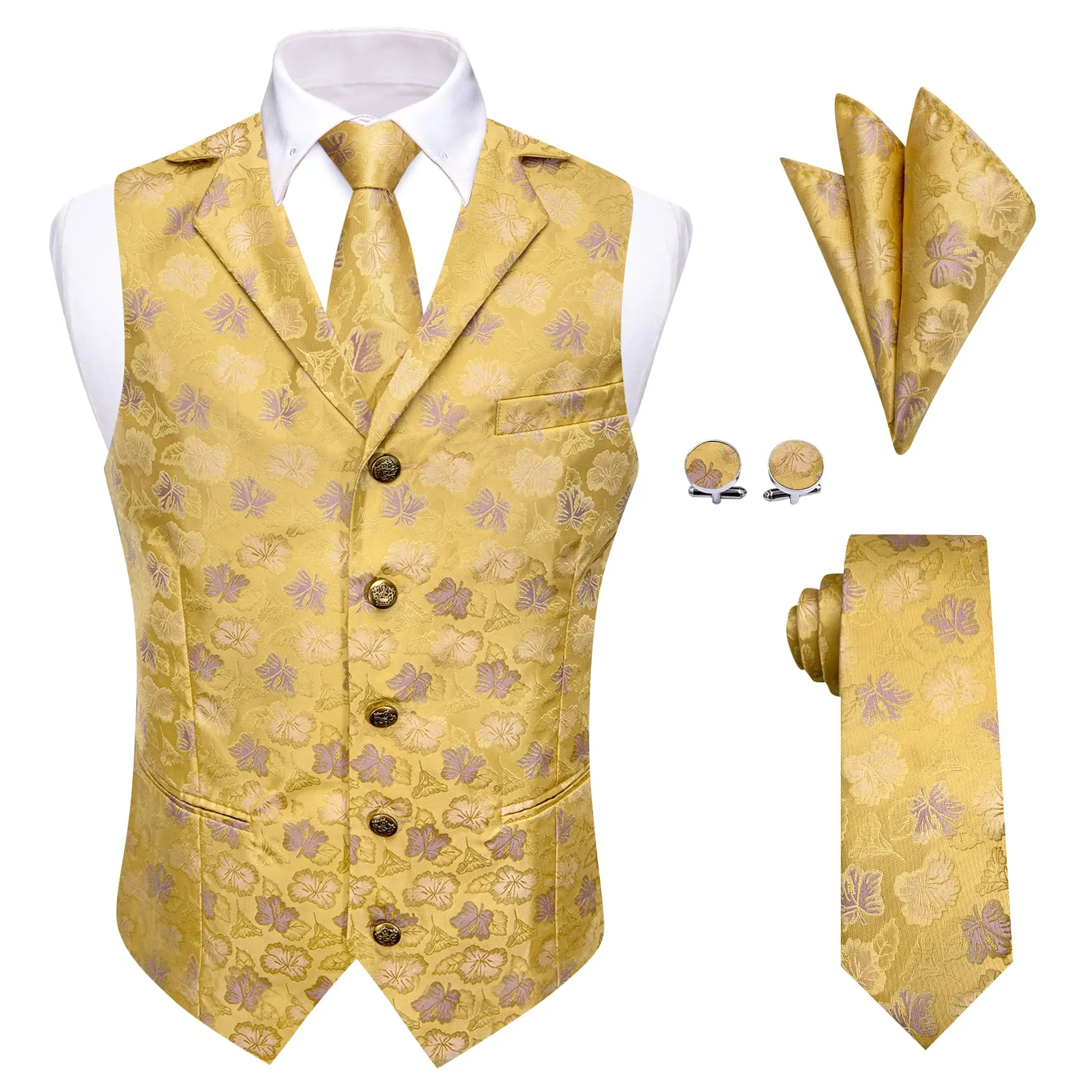 YourTies Yellow Waistcoat Thistle Purple Jacquard Floral Vest Tie Set